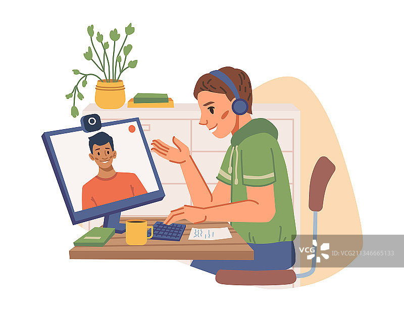 在线学习：青少年与朋友交流图片素材