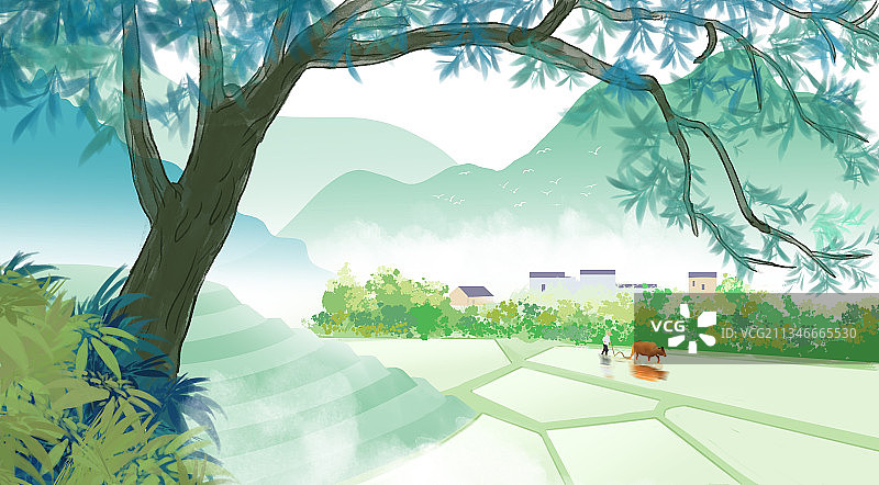 中国风田园风光乡村生活中国画青绿山水画古村落梯田背景插画图片素材