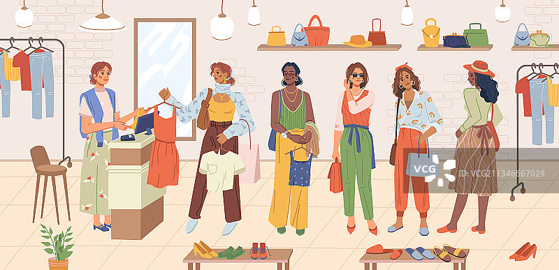 女性顾客在收银台排队购物图片素材