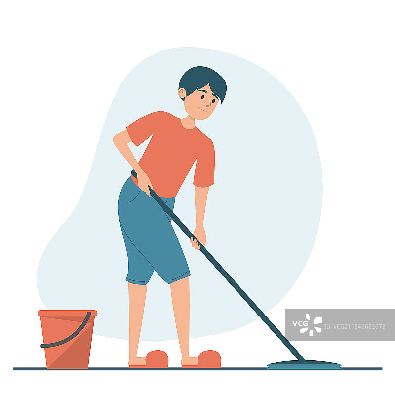 男子在家中拖地图片素材