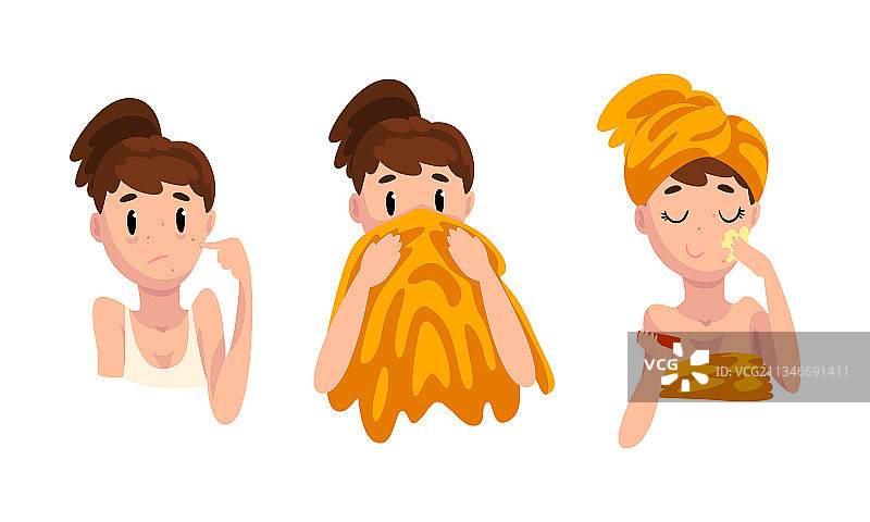 年轻女孩涂抹面霜进行面部护理图片素材