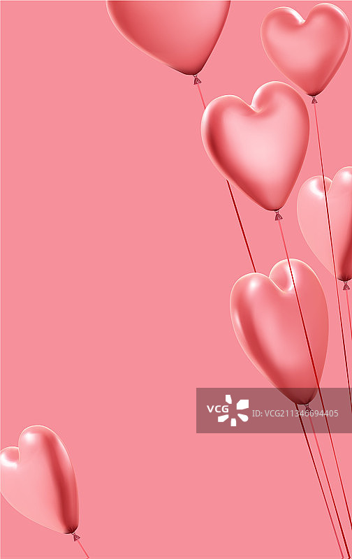 粉色背景，逼真的3D心形气球图片素材