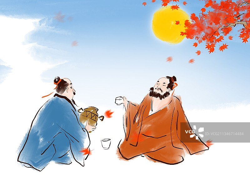 中秋节诗人喝酒对月文学插图图片素材