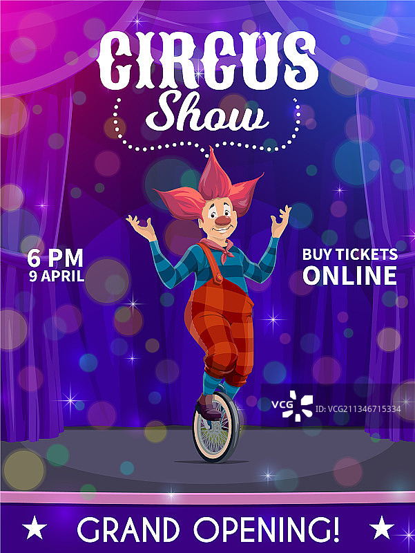 夏皮托马戏团海报卡通小丑骑独轮车图片素材