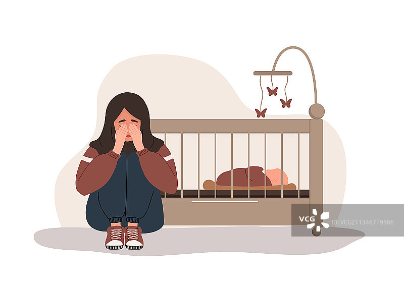 产后抑郁：疲惫的阿拉伯妇女坐着图片素材