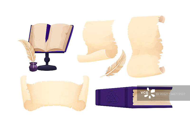 旧卷轴羊皮纸莎草纸和羽毛笔套装图片素材