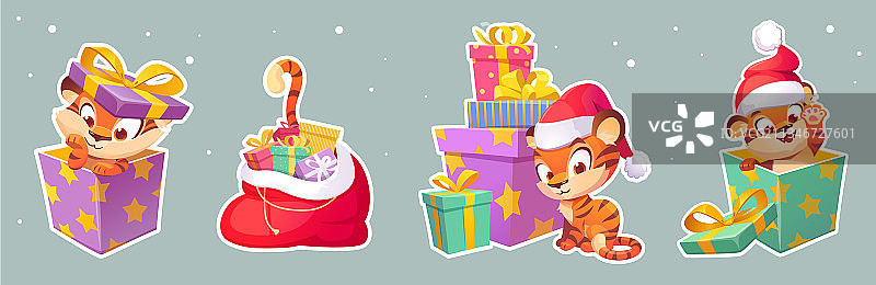 戴圣诞帽的2022新年虎贴纸图片素材