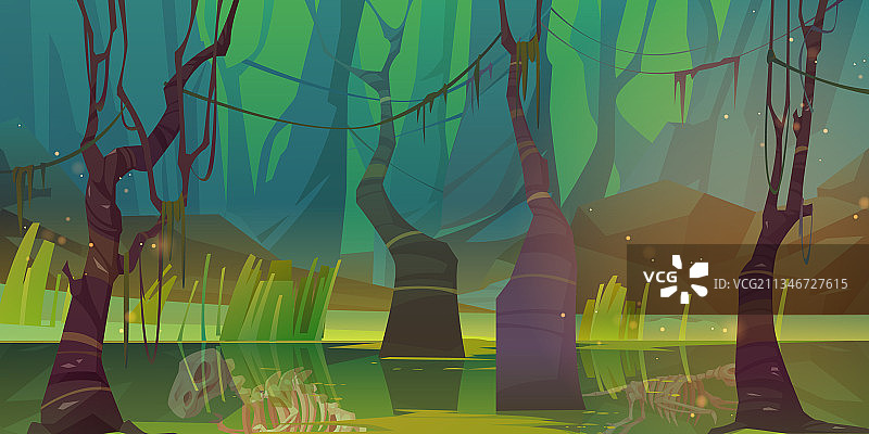 森林沼泽中的恐龙骨骼化石图片素材