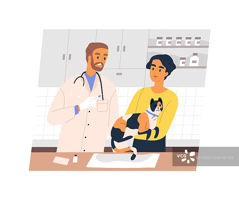 宠物主人抱着猫进行疫苗接种图片素材