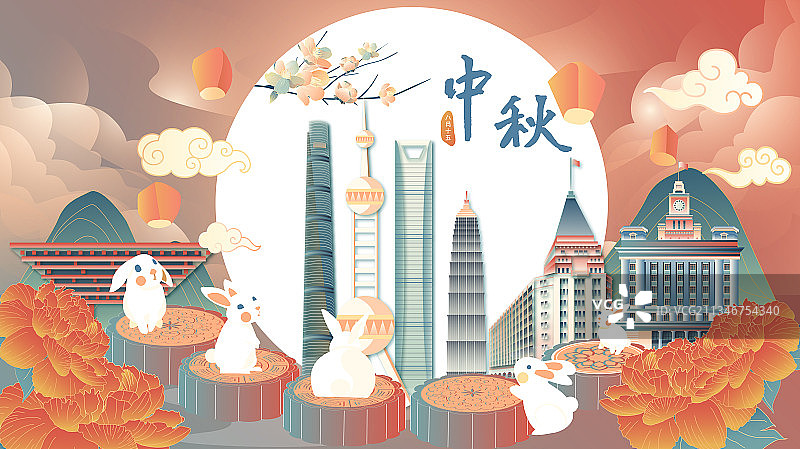 中秋节五只兔子站在月饼上看月亮矢量插画图片素材