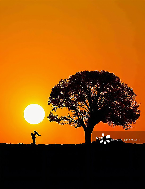 橙色天空下的田野树木轮廓图片素材
