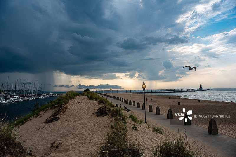 美国密歇根城市海滩全景图片素材