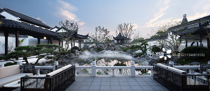 中式建筑 别墅 合院 庭院景观 设计图片素材