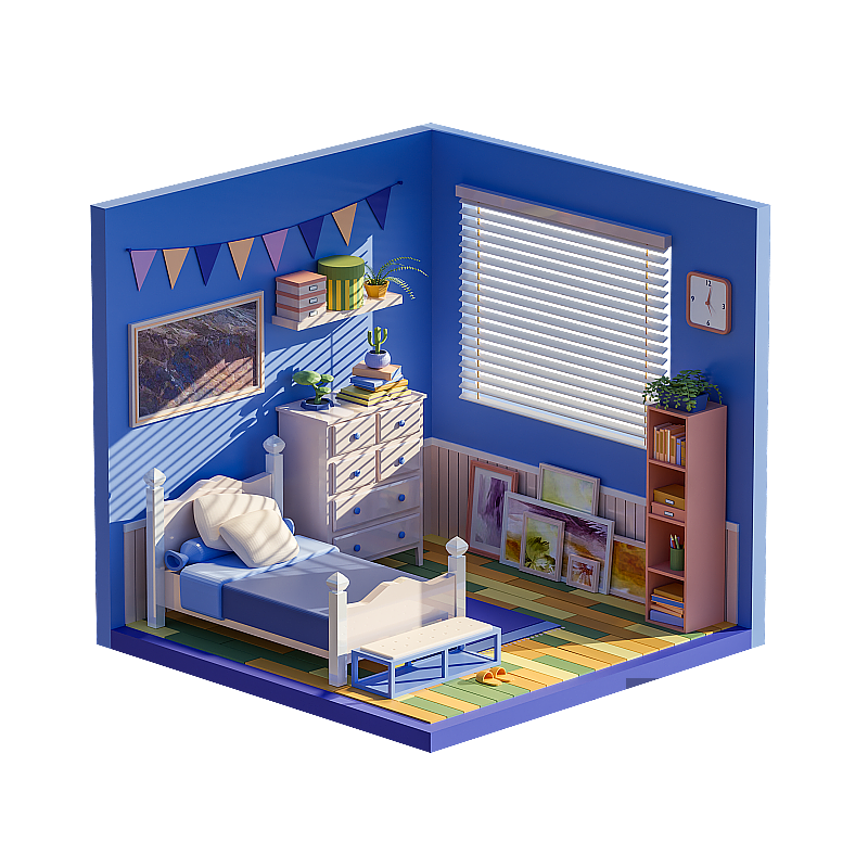 3D卡通风格蓝色卧室主题插画元素图片素材