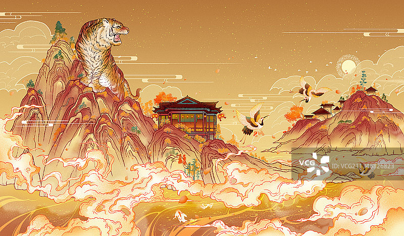 国潮虎啸山林虎年国风插画图片素材