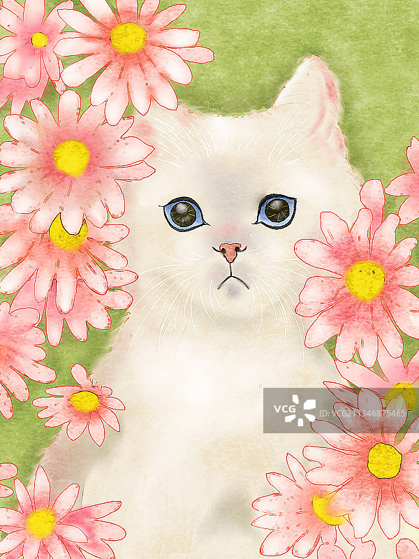 水彩小清新插画猫与雏菊图片素材