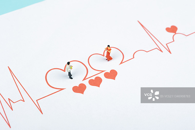 微缩景观创意情侣站在爱心心电图里彼此心动图片素材