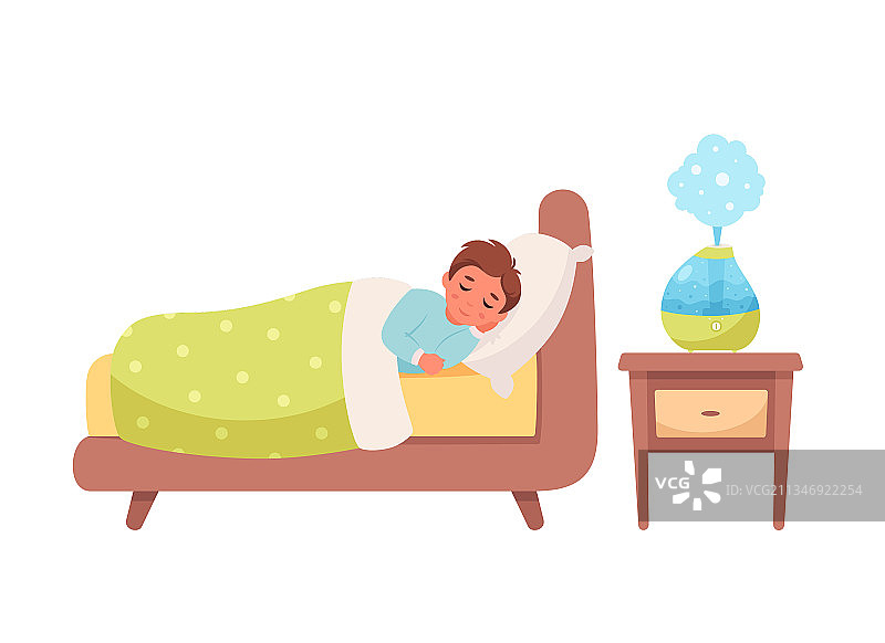 男孩在房间里睡觉，旁边有空气加湿器图片素材