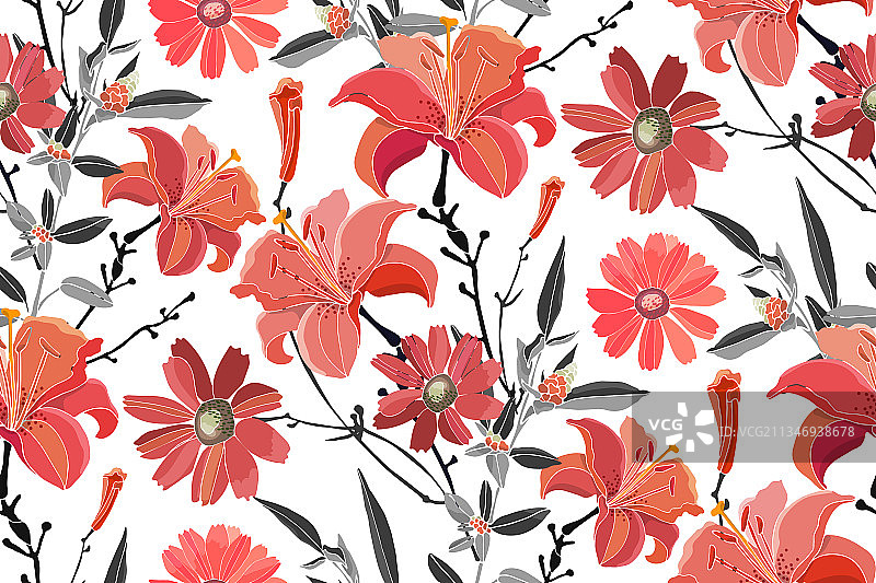 红色百合花卉无缝图案图片素材