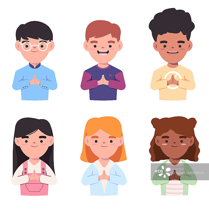 五个孩子表达欢迎和请求原谅图片素材