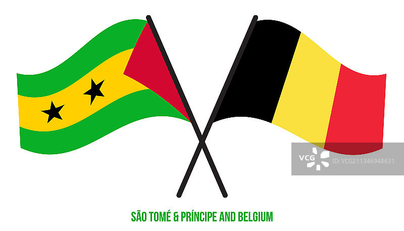 圣多美和比利时国旗交叉飘扬图片素材