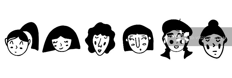 黑白女孩脸涂鸦套装图片素材