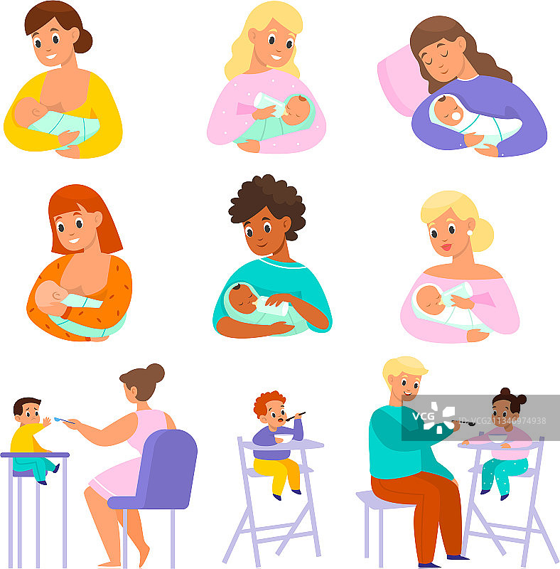 父母给婴儿和新生儿喂食图片素材