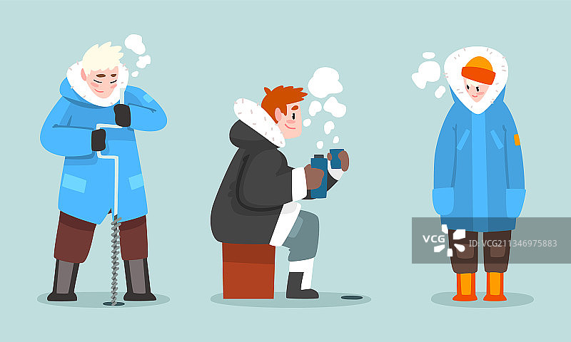 穿着暖和冬装的男人在冰上钻孔钓鱼图片素材