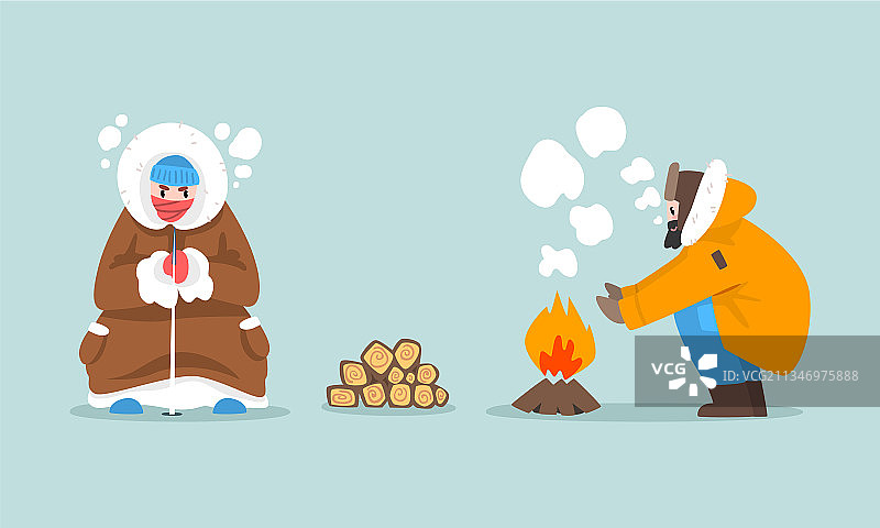 穿着冬季保暖服装的男人在冰上钓鱼图片素材