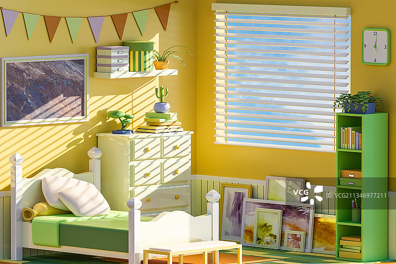 3D卡通low-poly风格黄色卧室插图图片素材
