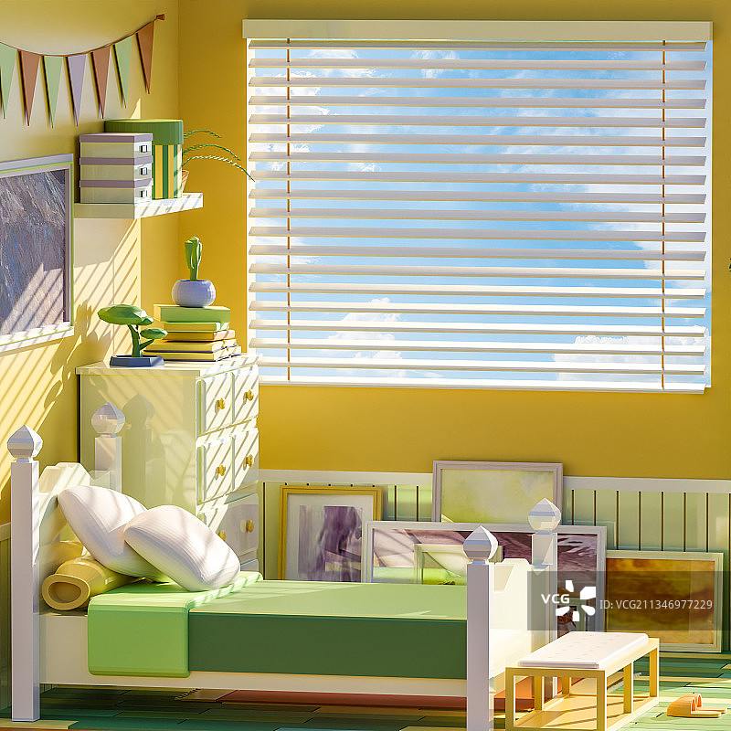 3D卡通low-poly风格黄色卧室插图图片素材