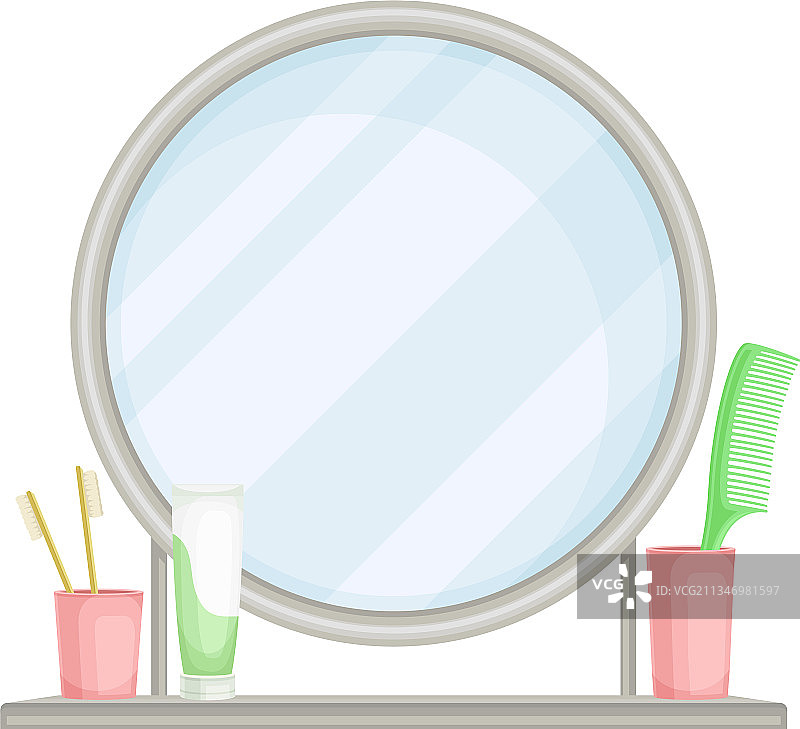 带牙刷的圆形镜子和架子图片素材