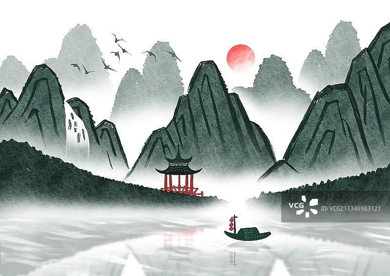 插画,旅游,凉亭,倒影,船,水,旅游目的地,著名景点,天空,图片素材