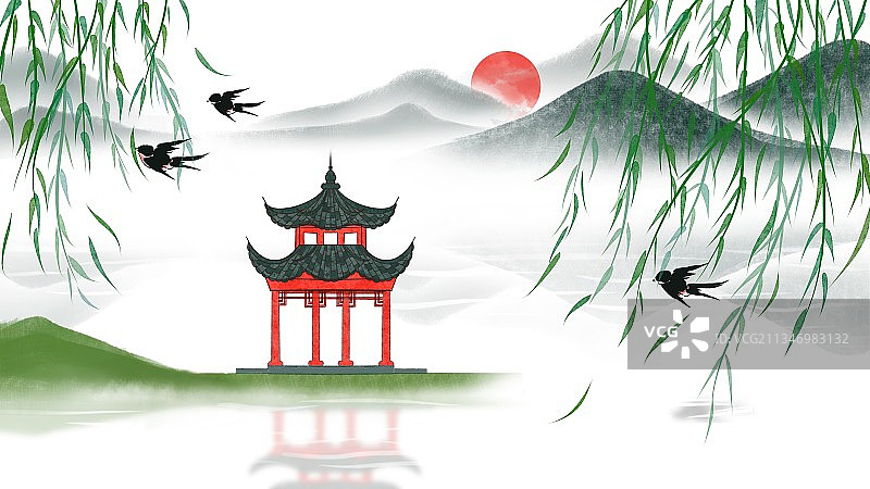 插画,柳树,凉亭,节气,清明节,雨水,燕子,水墨画,树枝,图片素材