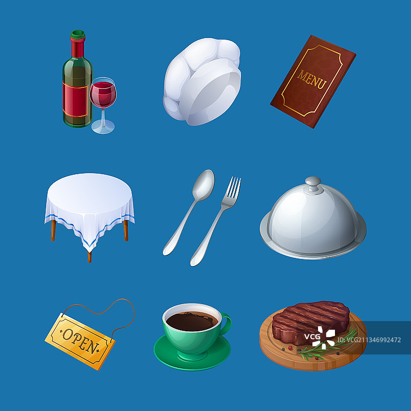 餐厅3D图标：酒瓶、玻璃杯、厨师帽图片素材