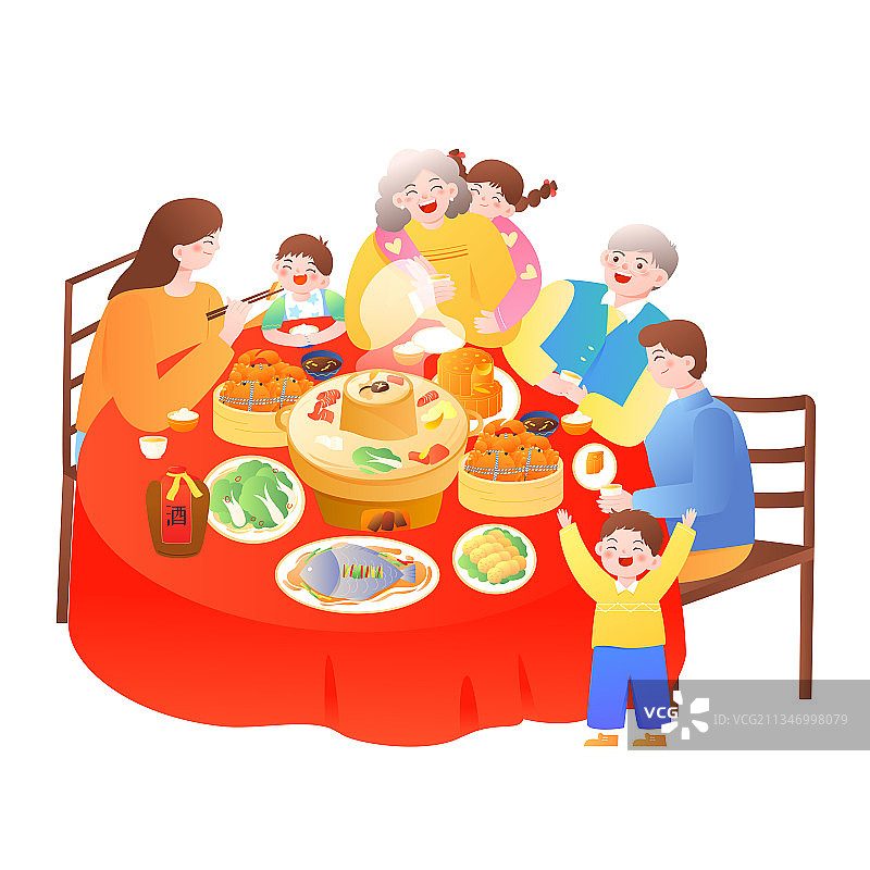 一家三代快乐吃团圆饭矢量插画元素图片素材