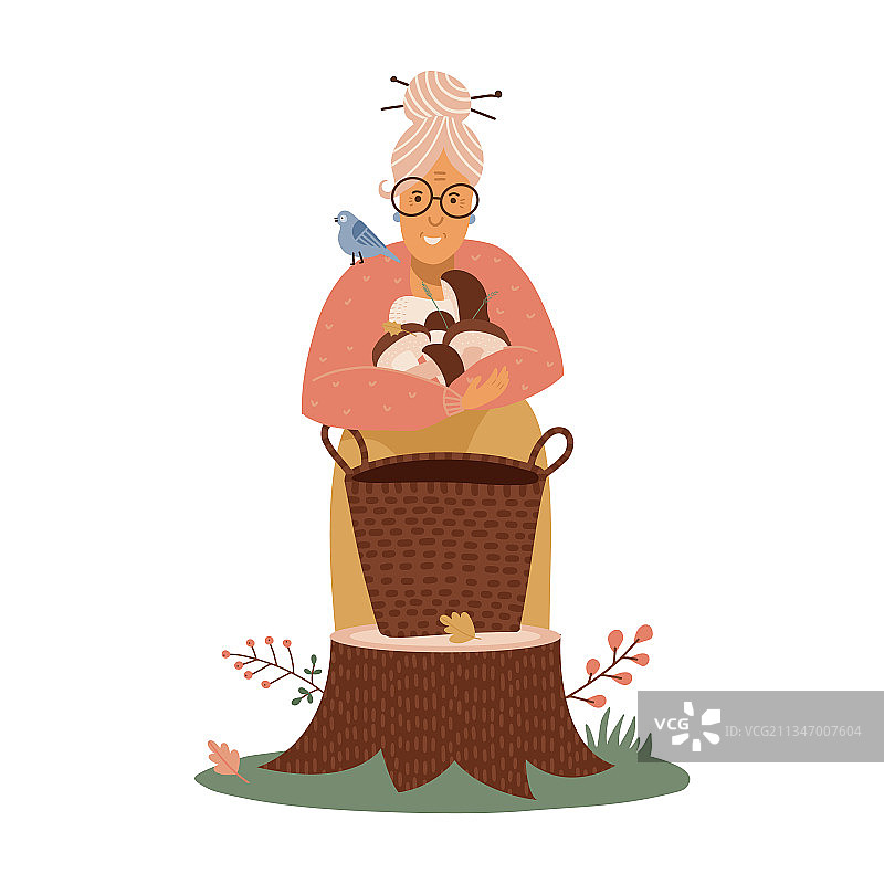 一位老妇人将采摘的蘑菇放入篮子图片素材
