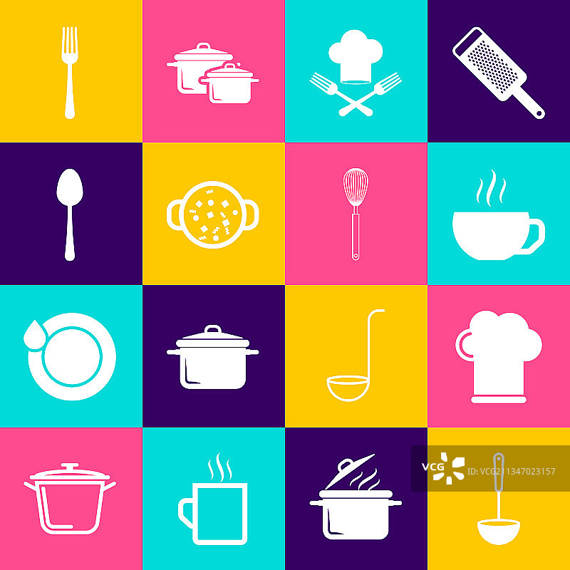 厨房长柄勺厨师帽咖啡杯叉子套装图片素材