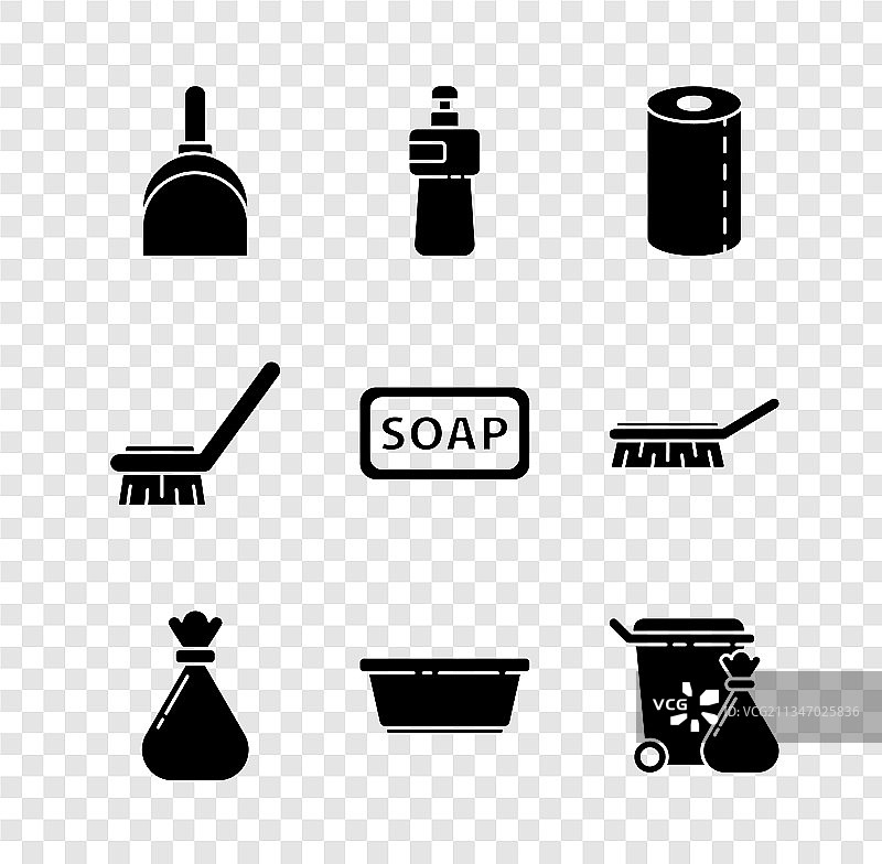 簸箕、洗洁精瓶与纸张图片素材