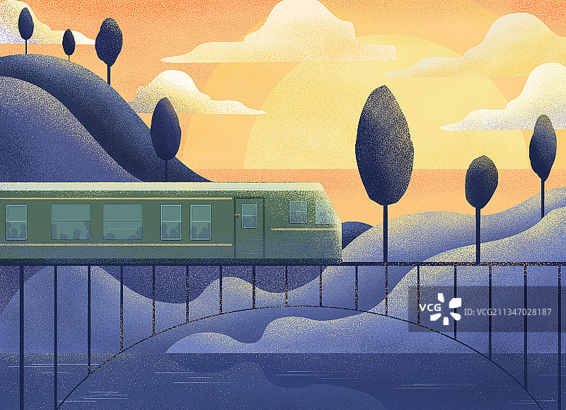 在桥上行驶的绿皮火车图片素材