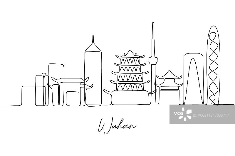 武汉城市天际线的连续线条画图片素材