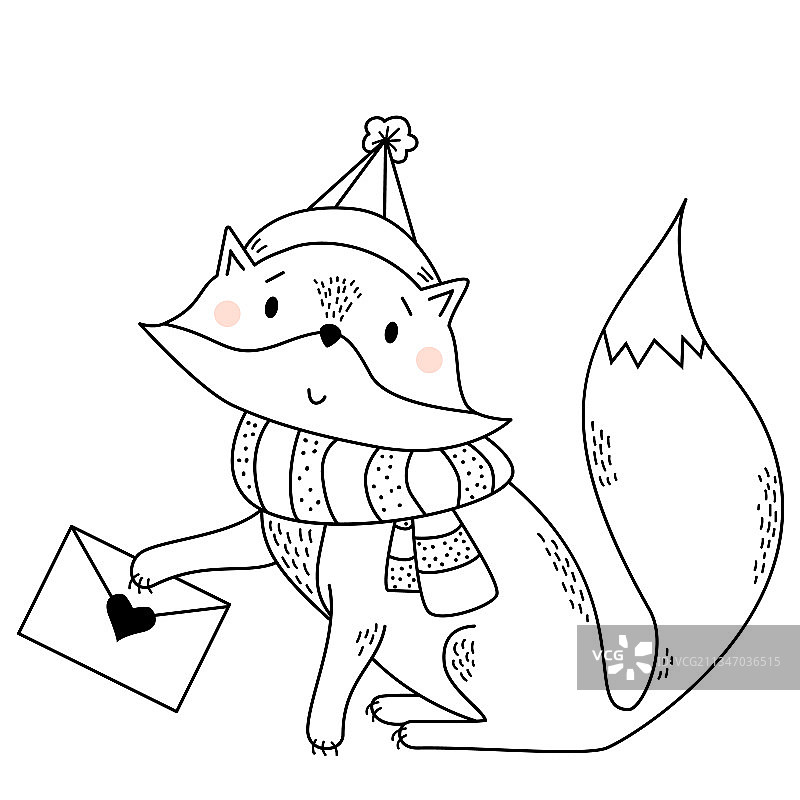 围着围巾、戴着帽子、拿着信的可爱狐狸图片素材