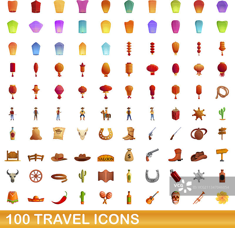 100个卡通风格旅行图标合集图片素材
