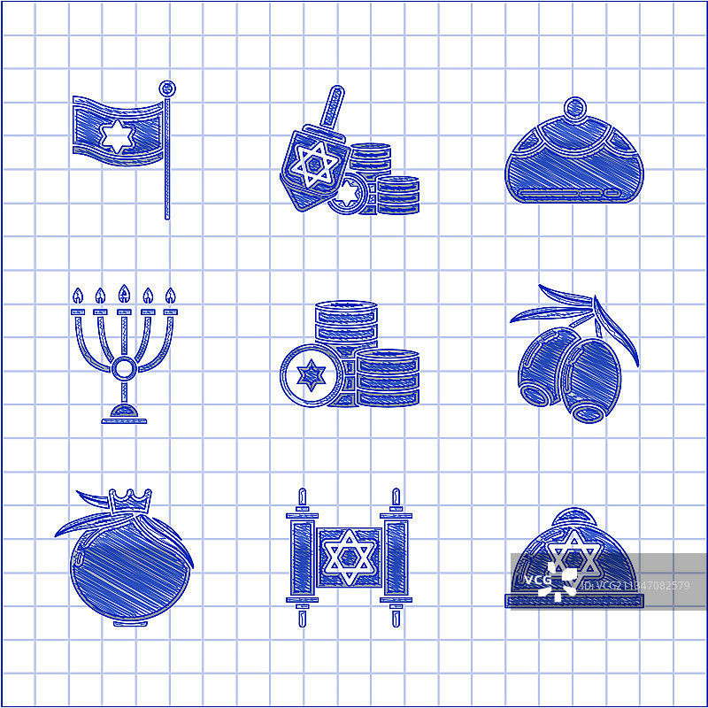 犹太硬币、妥拉经卷、基帕帽与大卫之星图片素材