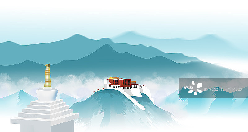 中国西部青藏高原西藏拉萨布达拉宫著名建筑旅游景点山水画插画图片素材