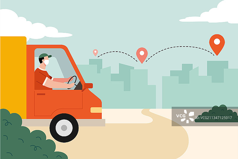 防疫期间戴着口罩送货的快递货车司机图片素材