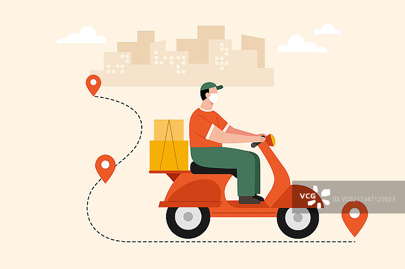 戴着口罩的男性摩托车外送员图片素材