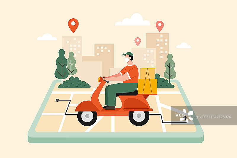 男性摩托车外送员透过数字设备导航图片素材