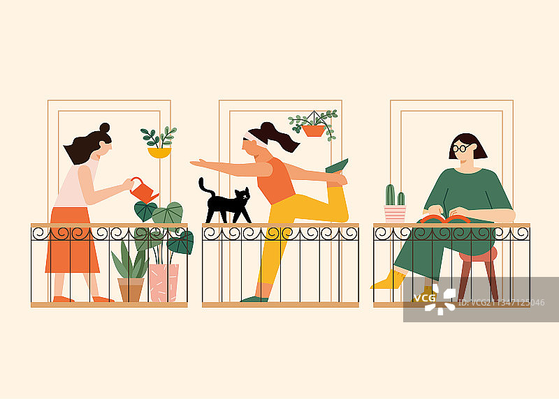 女性在家中阳台上活动放松图片素材