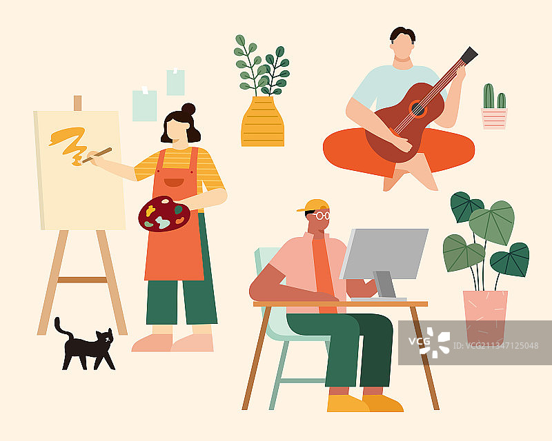 人们在家里做不同的休闲活动图片素材